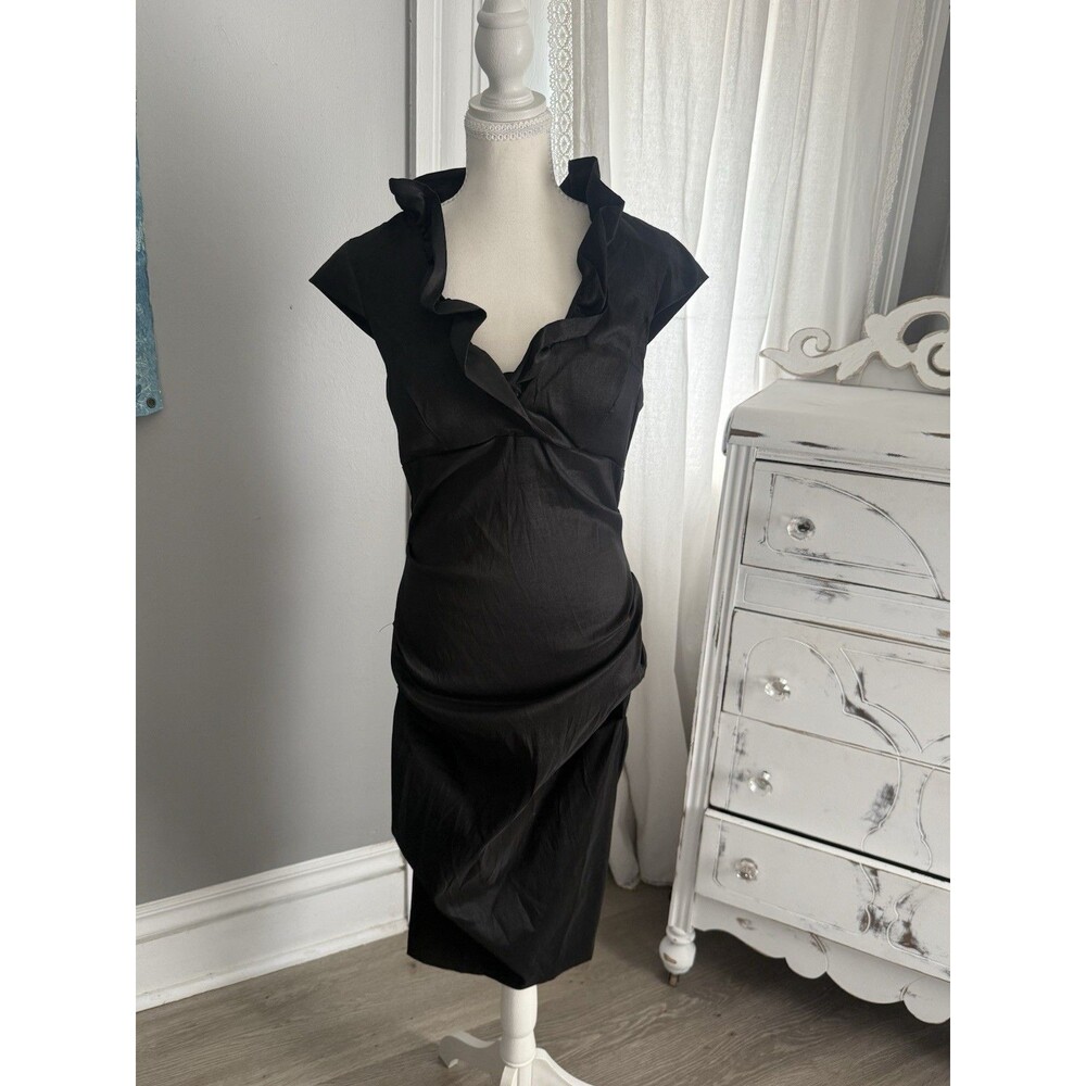 XSCAPE Joanna Chen Womens 12 Black Ruffle Collar Ruched Sheath Cocktail Dress